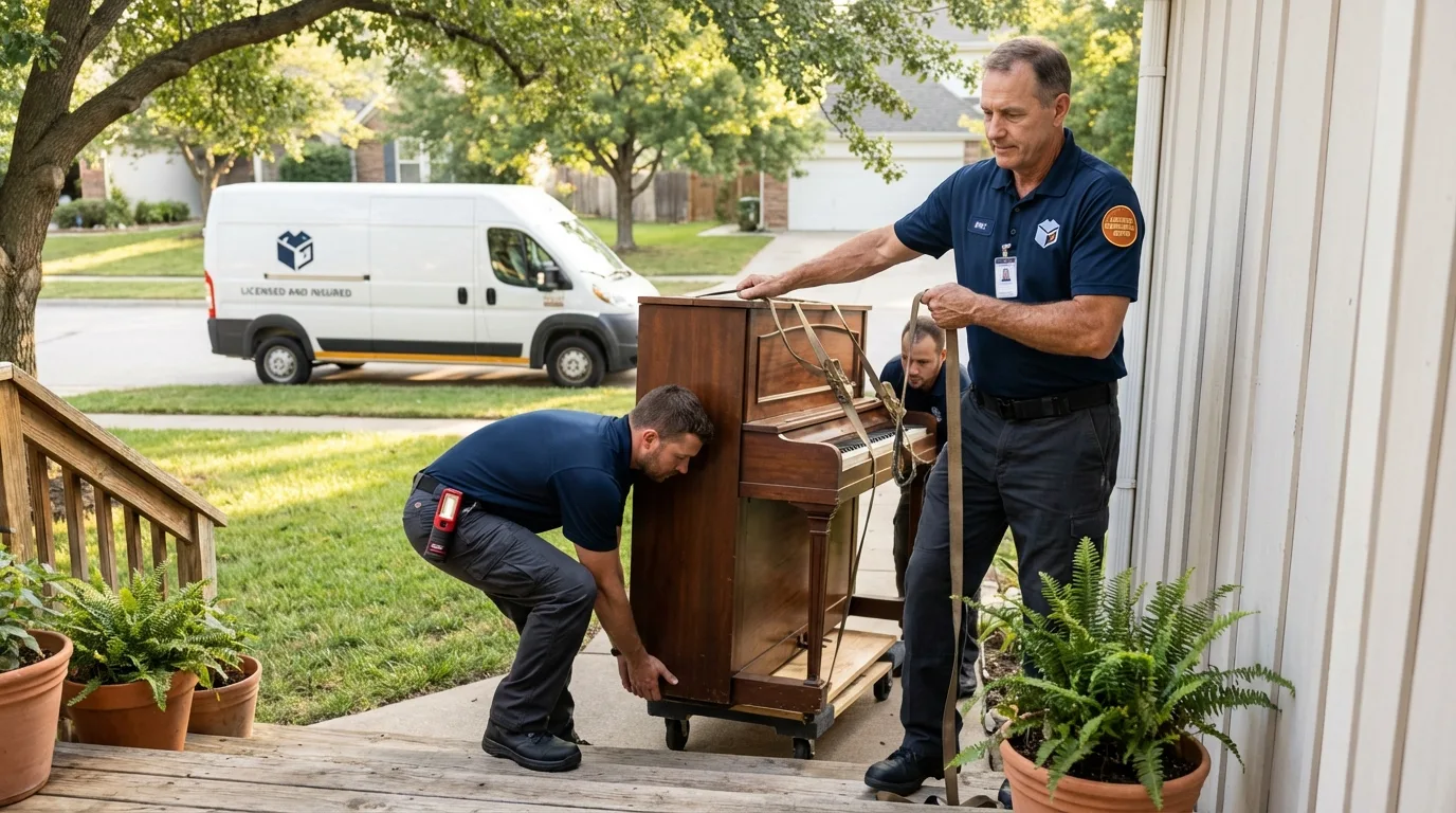 Licensed piano movers securing grand piano in Weatherford, OK