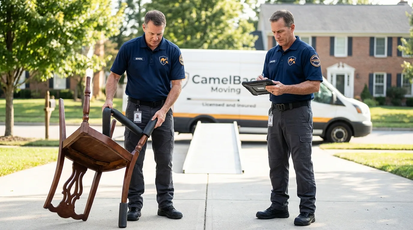 Movers inspecting furniture for damage prevention before loading in Weatherford, OK