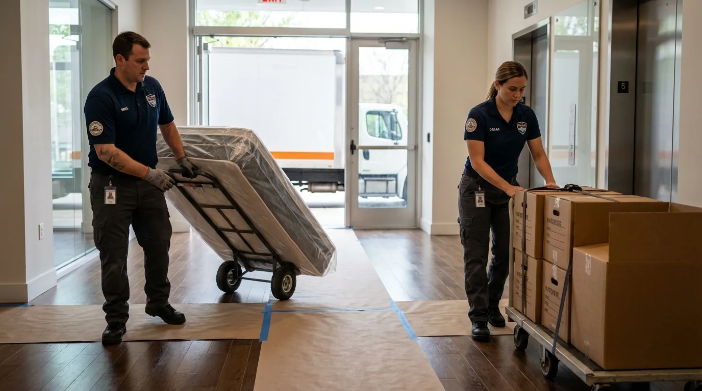 Professional apartment movers loading elevator in Weatherford, OK
